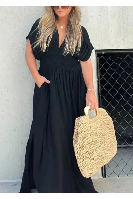 Lumina Vancouver Elyse™ elegant maxi dress in stone fabric, featuring a flowing silhouette perfect for special occasions.
