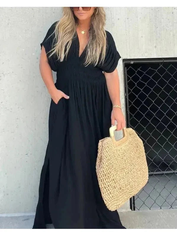 Lumina Vancouver Elyse™ elegant maxi dress in stone fabric, featuring a flowing silhouette perfect for special occasions.