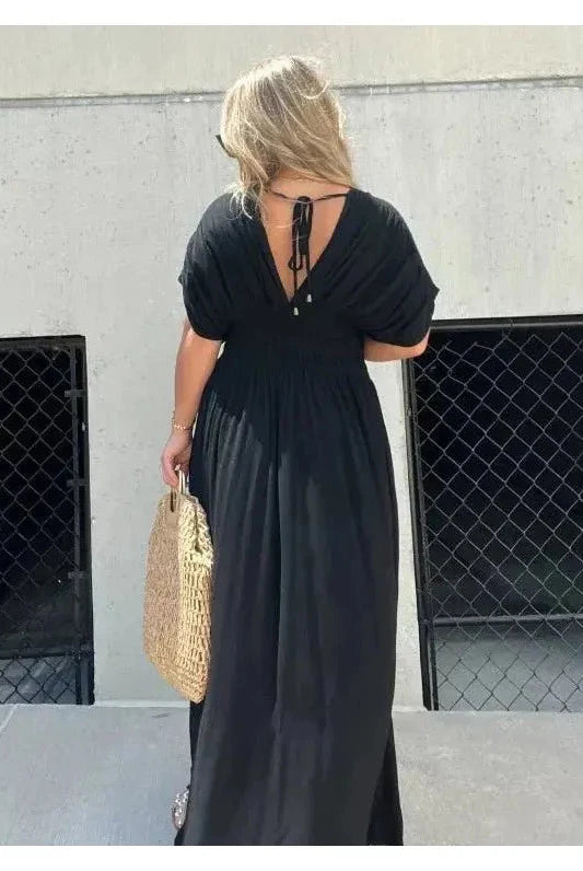 Lumina Vancouver Elyse™ elegant maxi dress in stone fabric, featuring a flowing silhouette and intricate detailing.