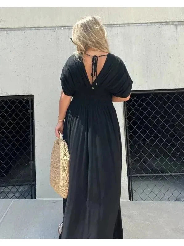 Lumina Vancouver Elyse™ elegant maxi dress in stone fabric, featuring a flowing silhouette and intricate detailing.