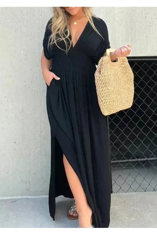 Lumina Vancouver Elyse™ elegant maxi dress in stone fabric, flowing design, perfect for stylish occasions, almost sold out.