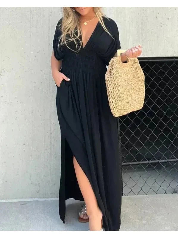 Lumina Vancouver Elyse™ elegant maxi dress in stone fabric, flowing design, perfect for stylish occasions, almost sold out.