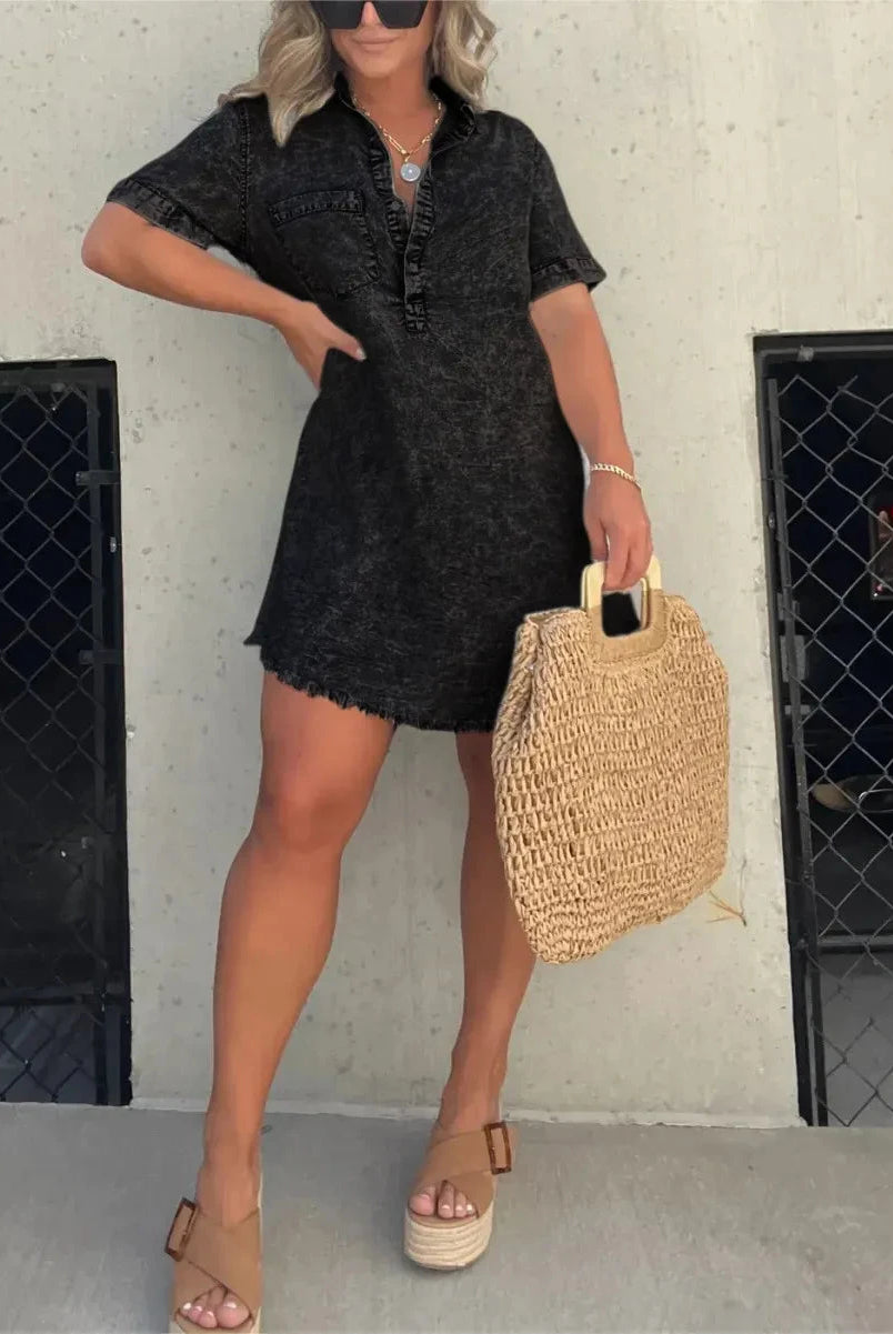 Grey Emberlynette denim shirt dress by Lumina Vancouver, featuring a relaxed fit and classic button-down design.