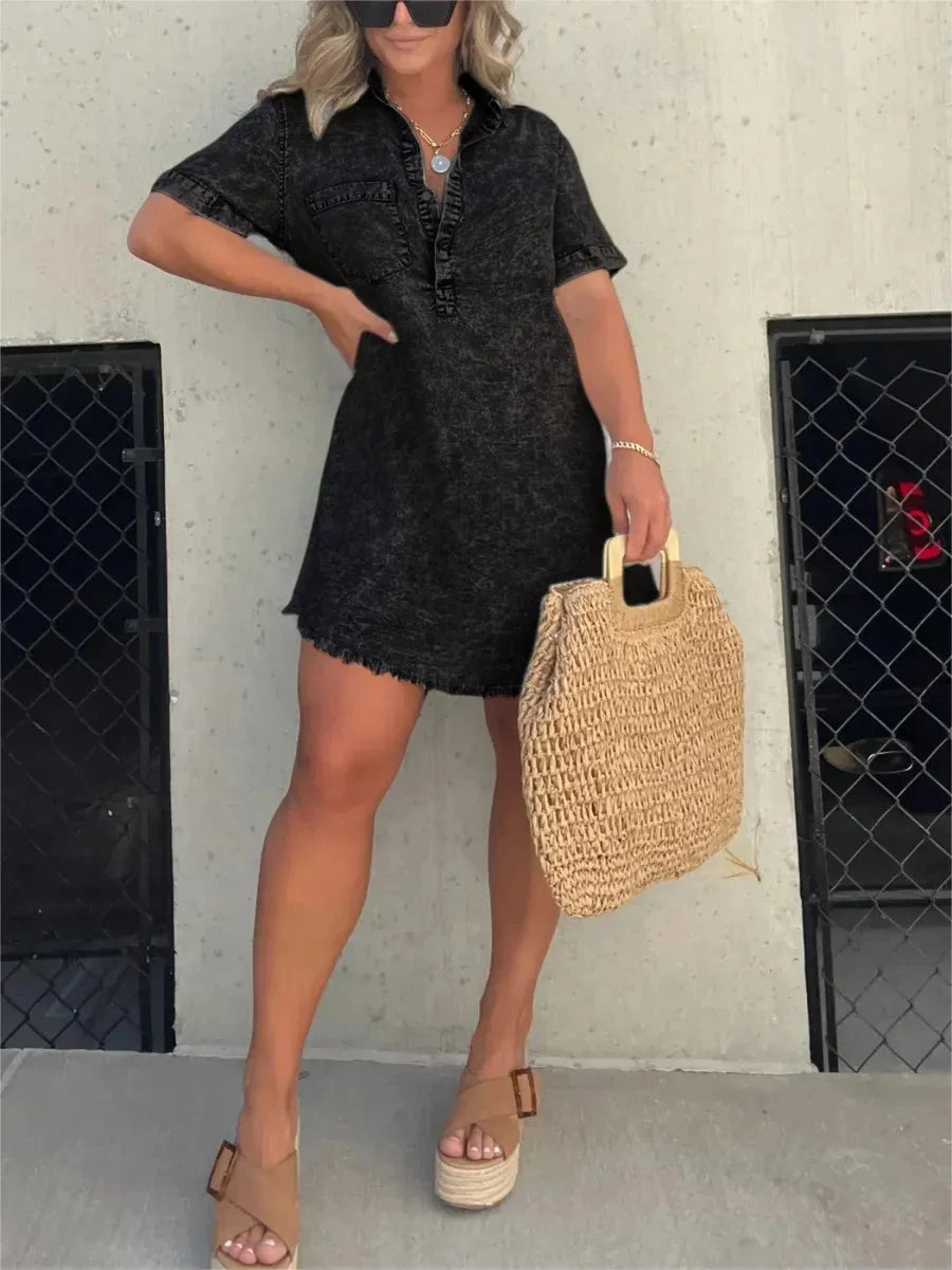 Grey Emberlynette denim shirt dress by Lumina Vancouver, featuring a relaxed fit and classic button-down design.