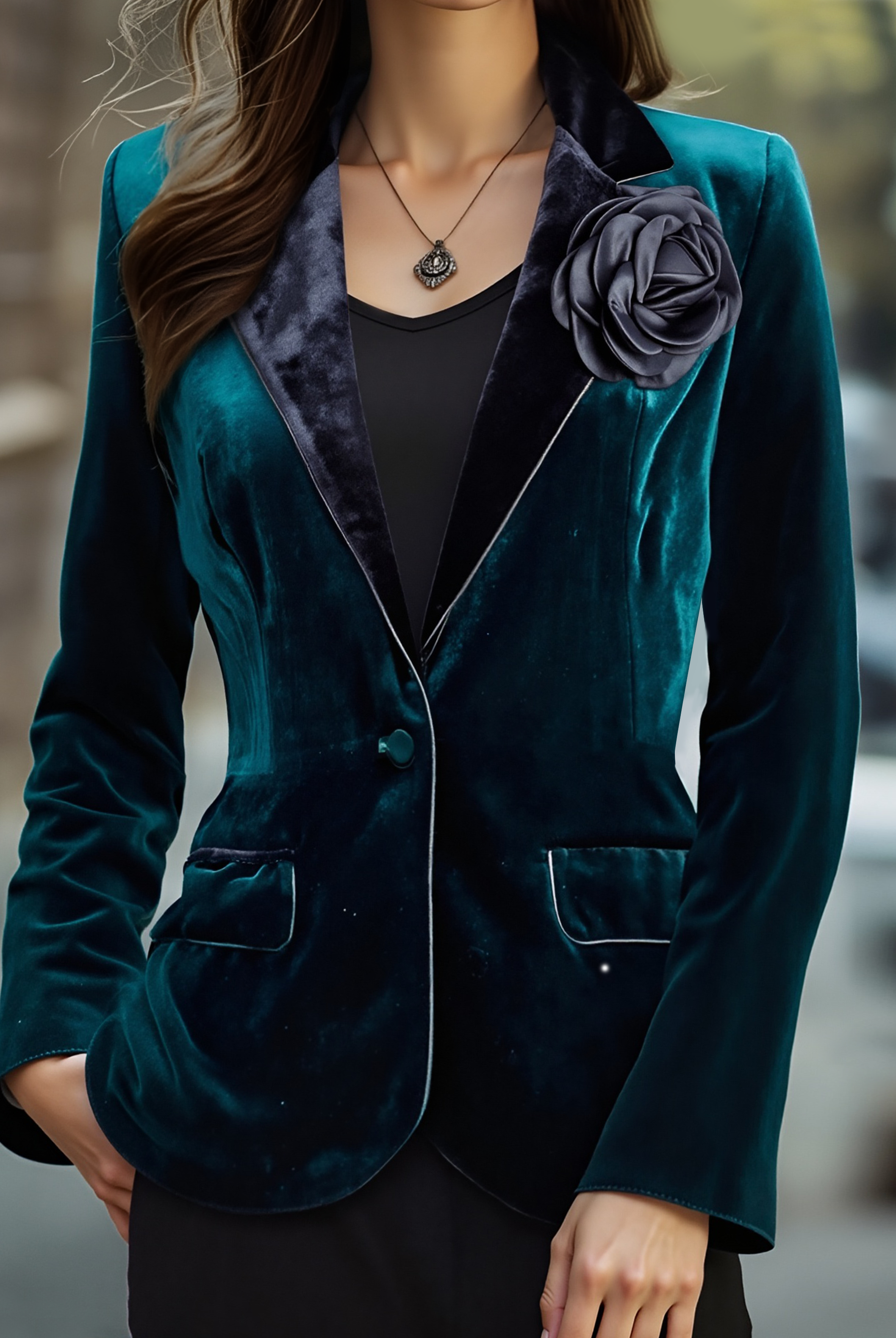Emerald velvet blazer by Lumina Wear with satin lapels and rose embroidery, styled on a model.