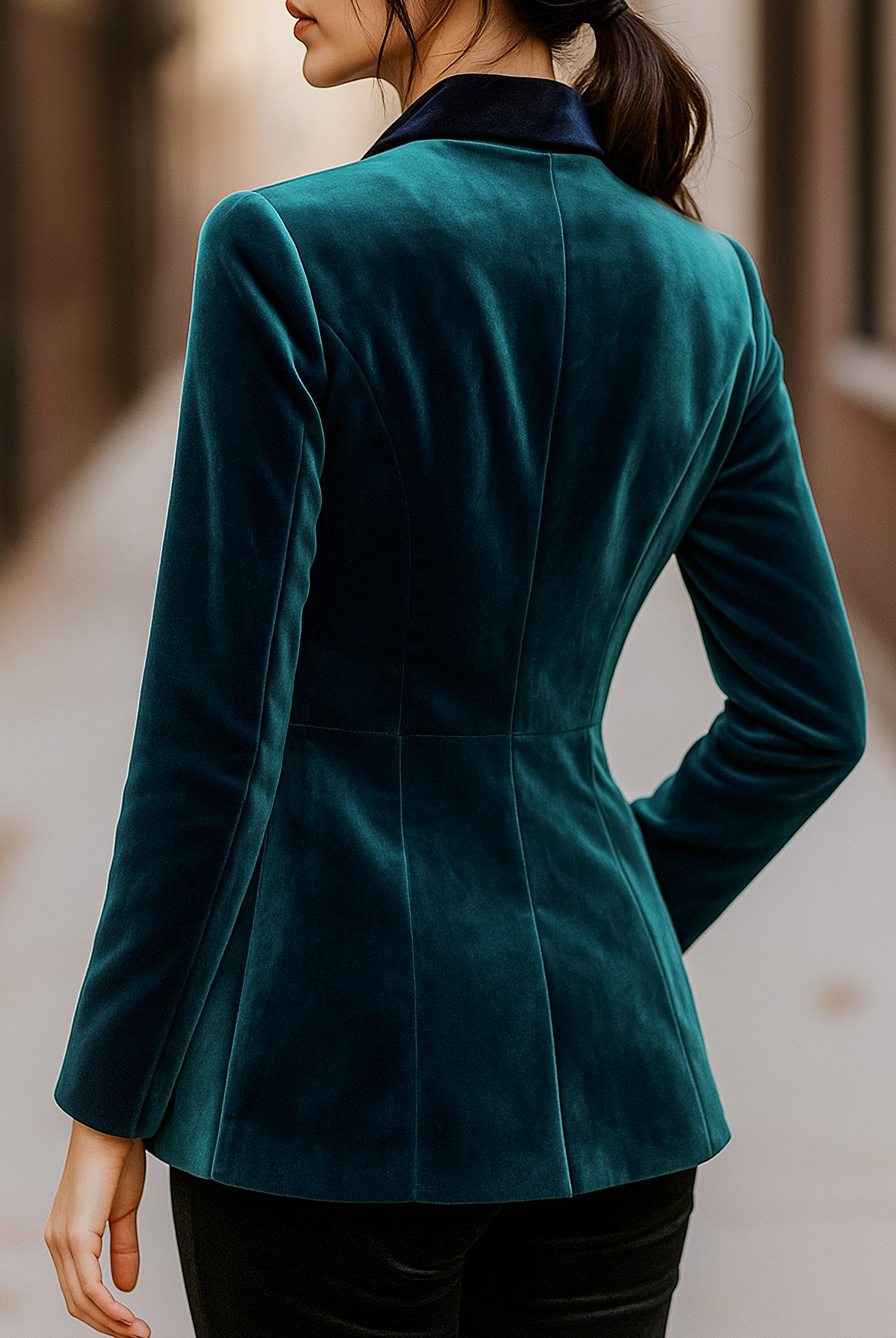 Emerald velvet blazer by Lumina Wear with satin lapels and rose embroidery, shown on a mannequin.