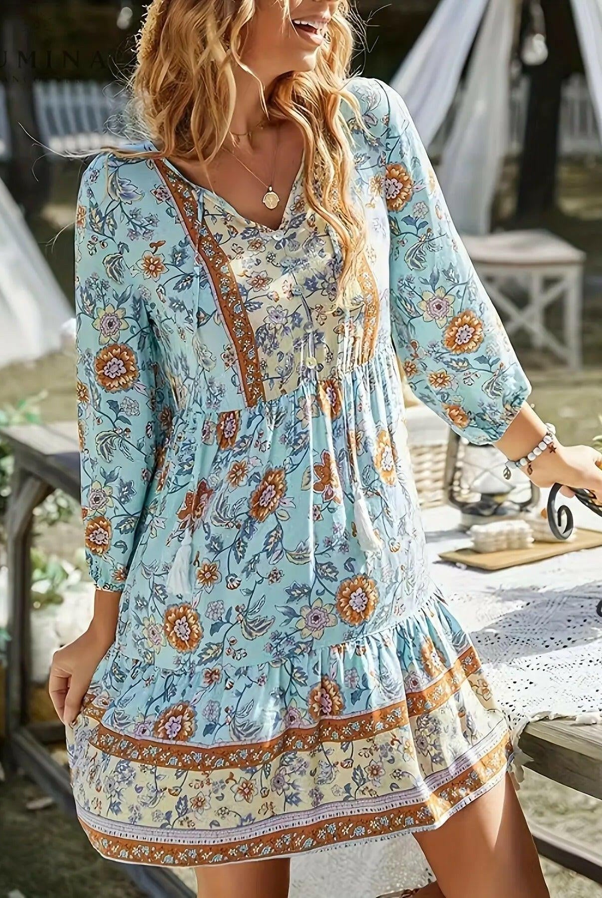 Sky blue Katariina boho dress by Lumina Wear, with flowing fabric and relaxed fit, perfect for casual summer wear.