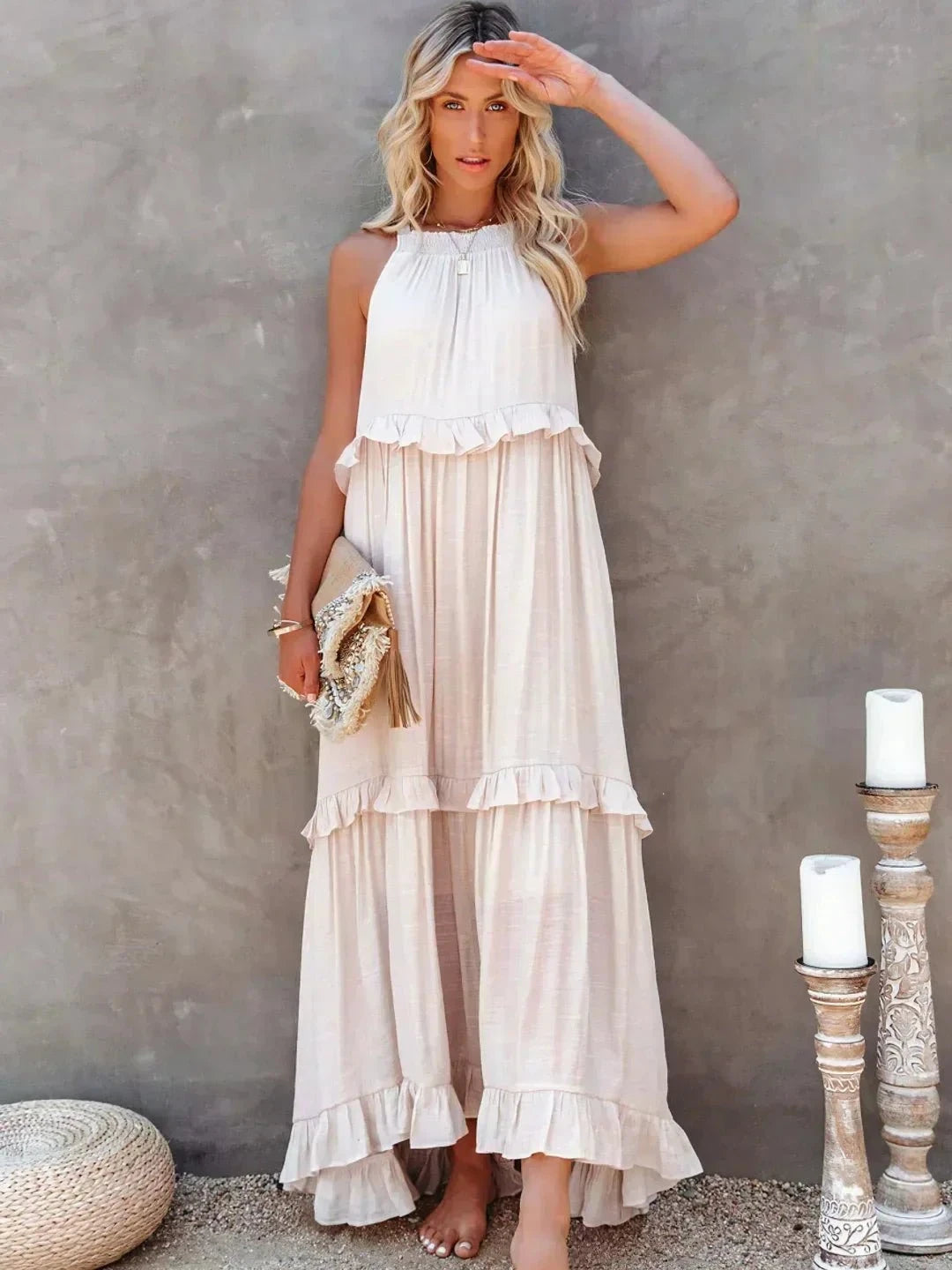 Laila Lumina Vancouver halter ruffle maxi dress in apricot, flowing design with ruffle details, perfect for summer occasions.