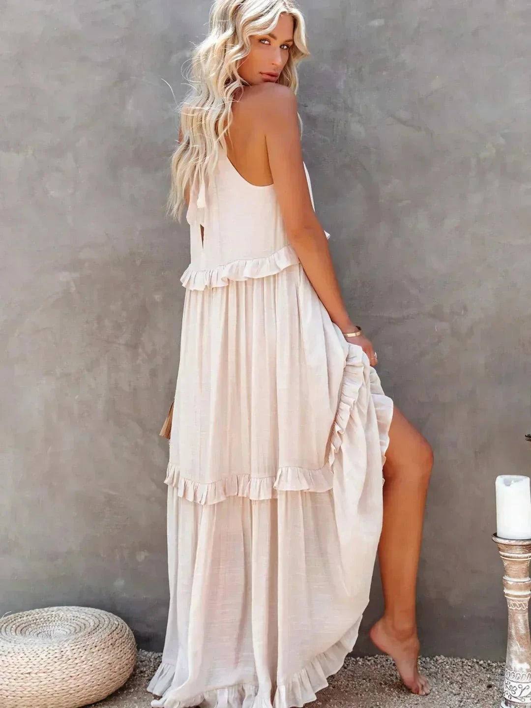Laila halter ruffle maxi dress by Lumina Vancouver in apricot, flowing design with ruffle details, perfect for summer occasions.