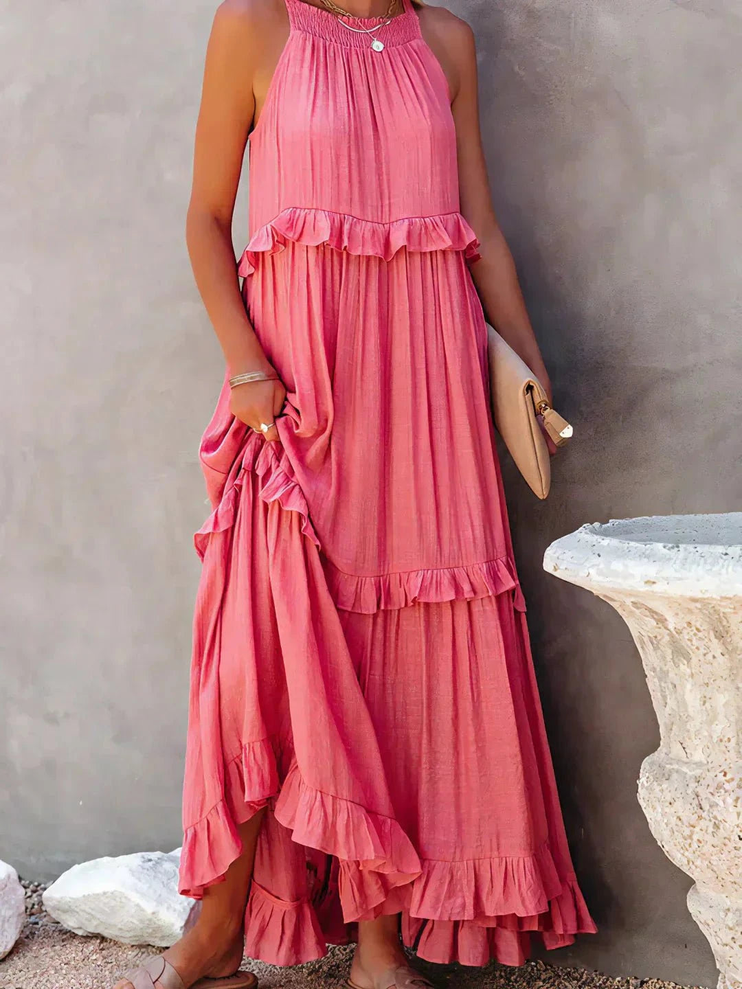 Lumina Vancouver Laila halter ruffle maxi dress in apricot, flowing fabric with ruffle details, perfect for summer occasions.