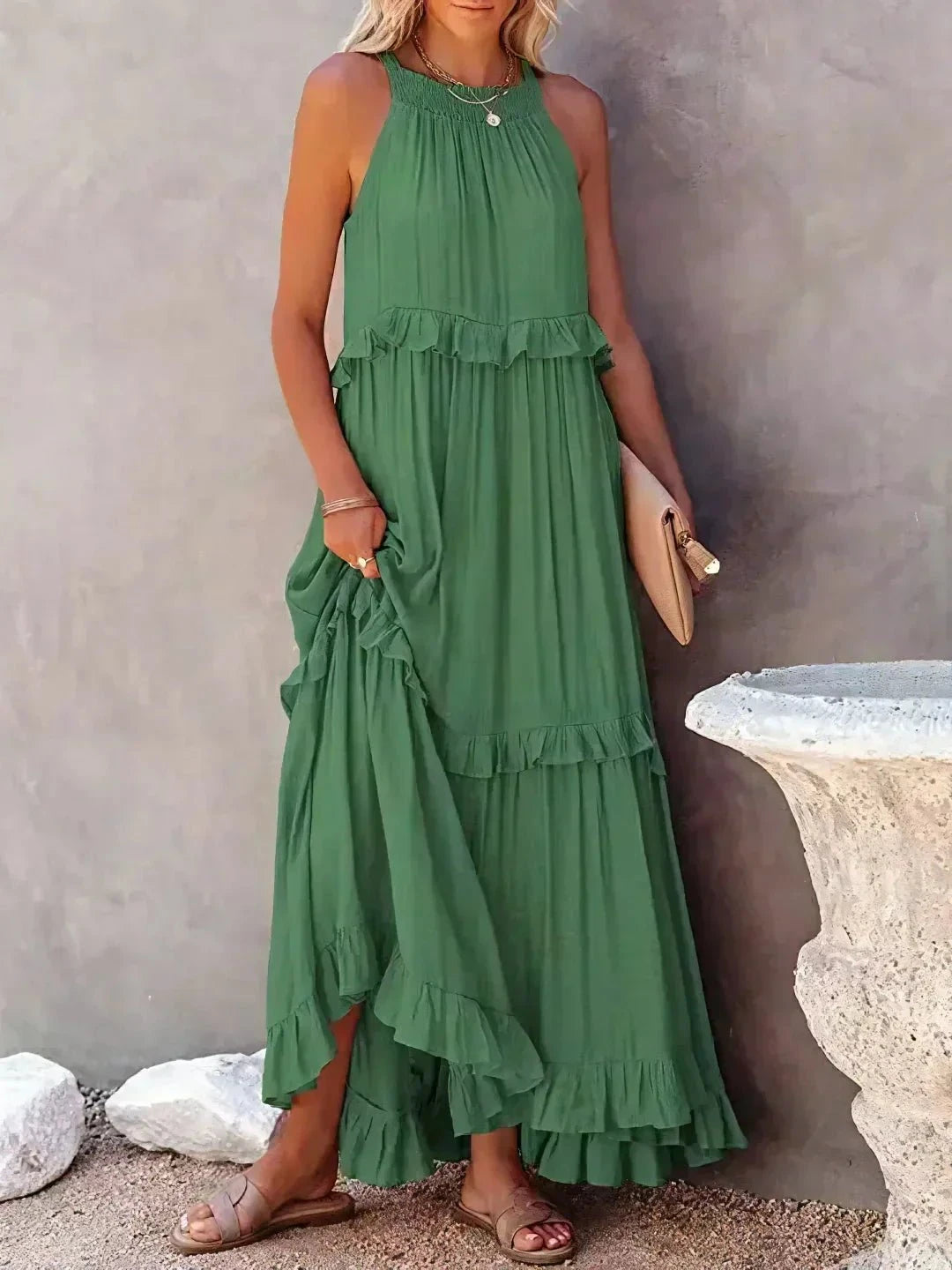 Laila Halter Ruffle Maxi Dress by Lumina Vancouver in apricot, featuring a flowing silhouette and elegant halter neckline.