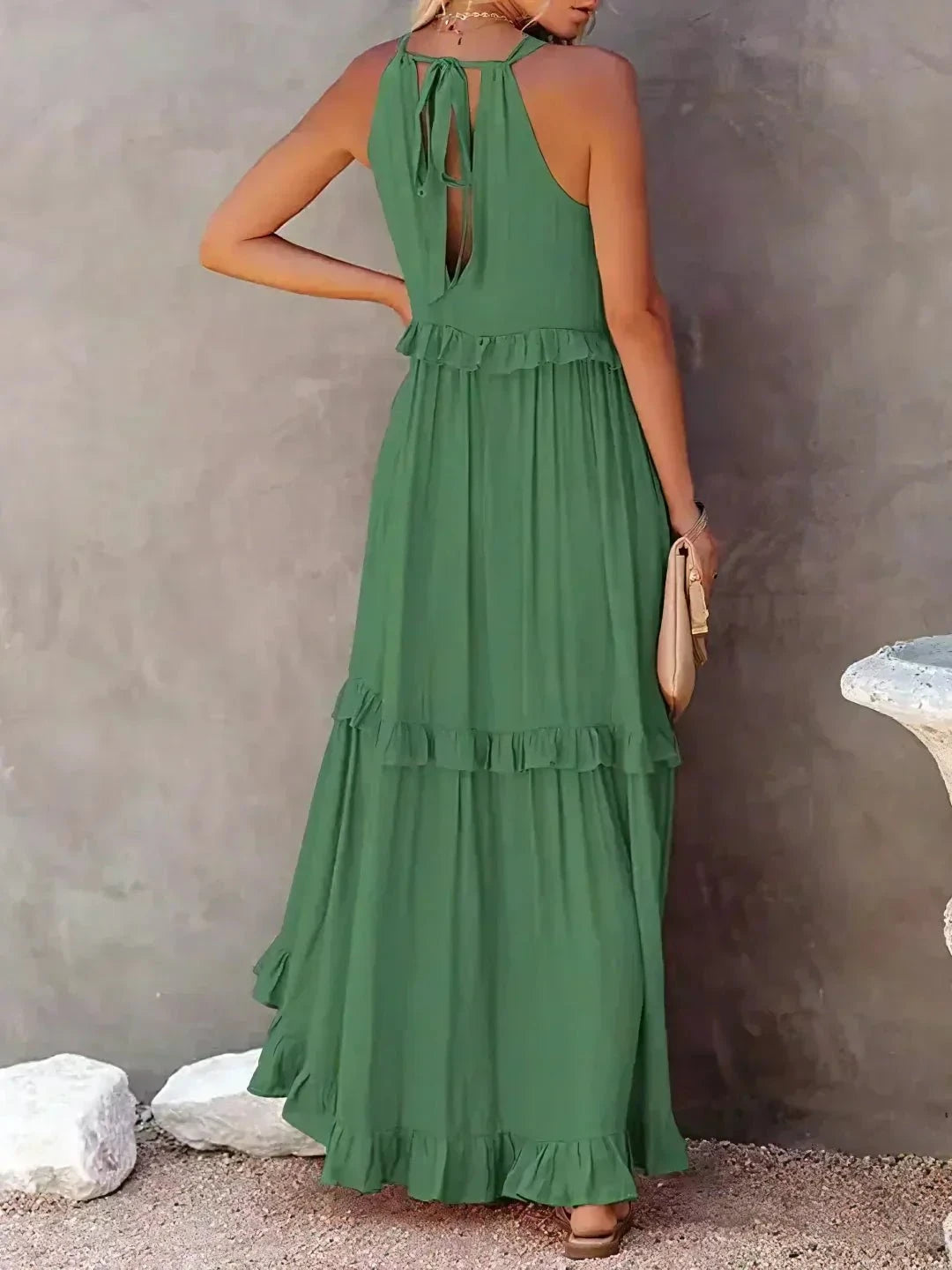 Lumina Vancouver Laila halter ruffle maxi dress in apricot, flowing design with ruffled details, perfect for summer occasions.