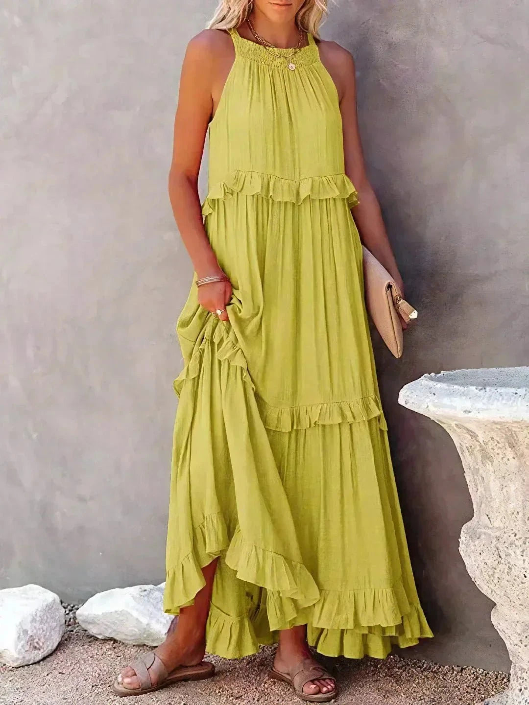 Lumina Vancouver Laila halter ruffle maxi dress in apricot, flowing design with ruffled details, perfect for elegant summer occasions.