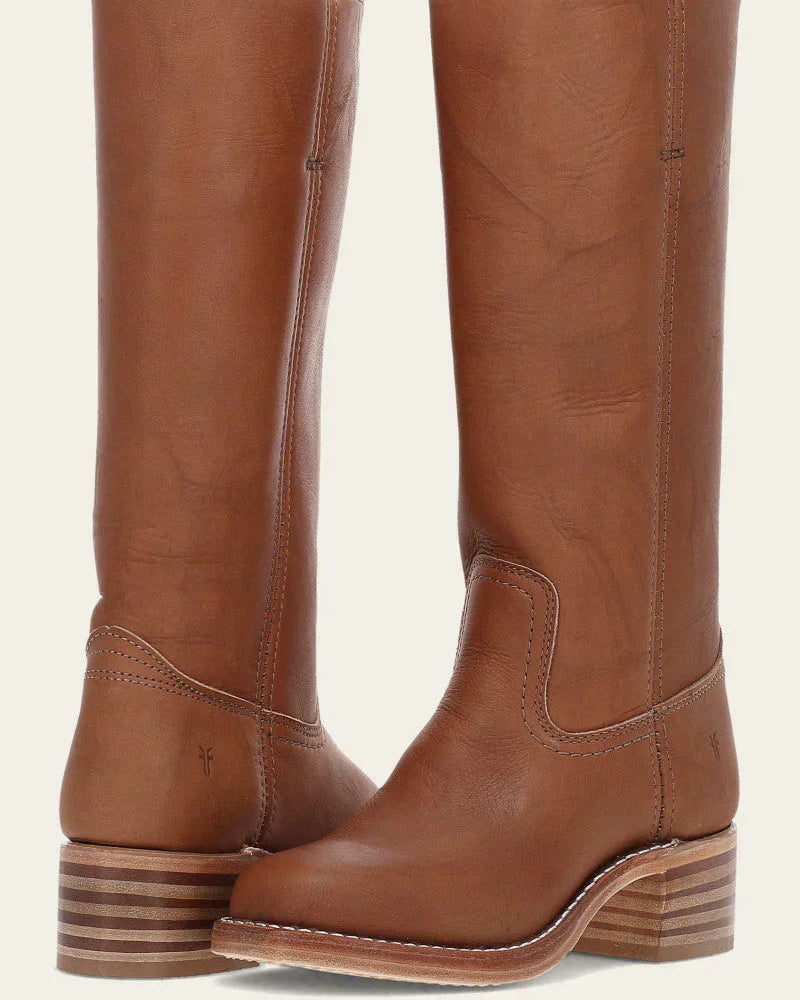 Light brown Emily Lumina Wear classic Western mid-calf boots with stacked heel, stylish footwear for women.