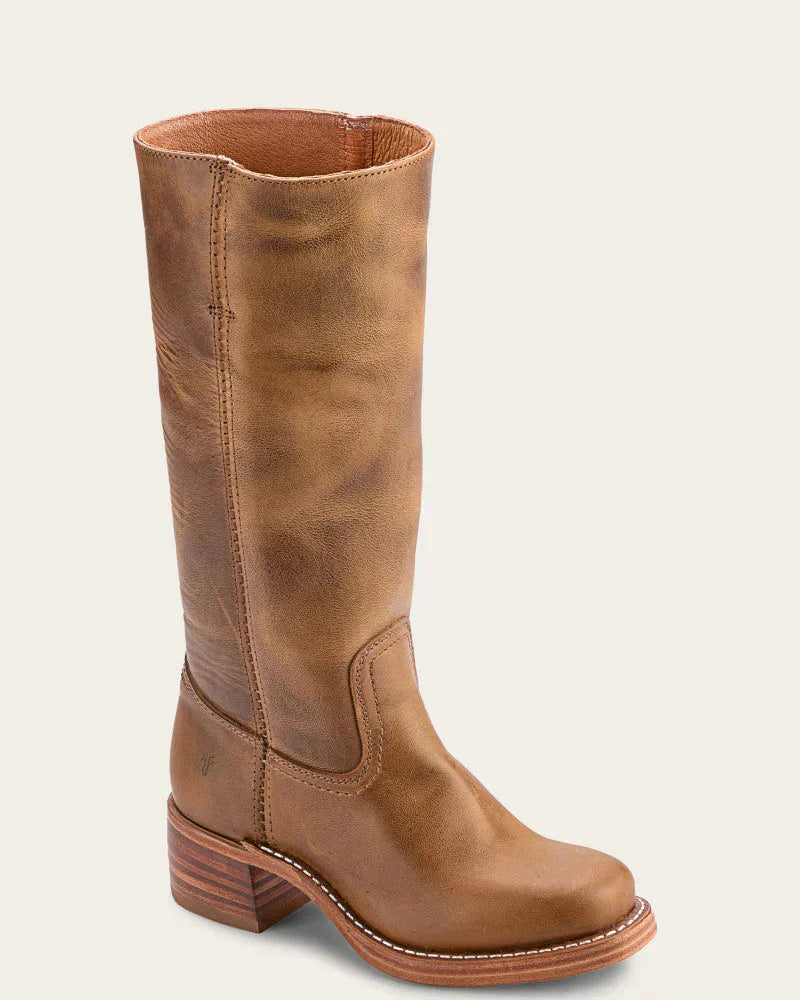 Light brown Emily Lumina Western mid-calf boots with stacked heel, stylish classic design for women.