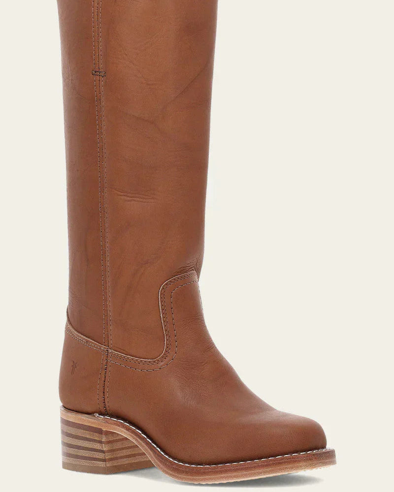 Light brown Emily Lumina Western mid-calf boots with stacked heel, classic Western style for women.