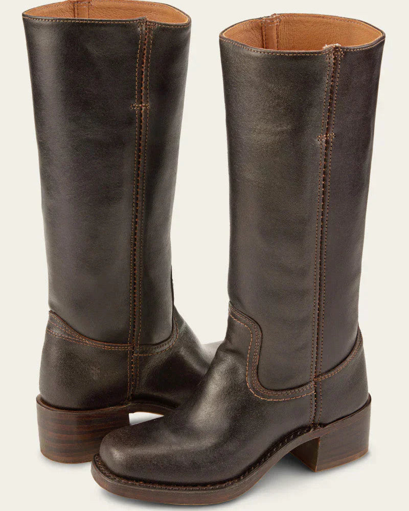 Light brown Emily Lumina Western mid-calf boots with stacked heel, classic design, perfect for stylish Western footwear.