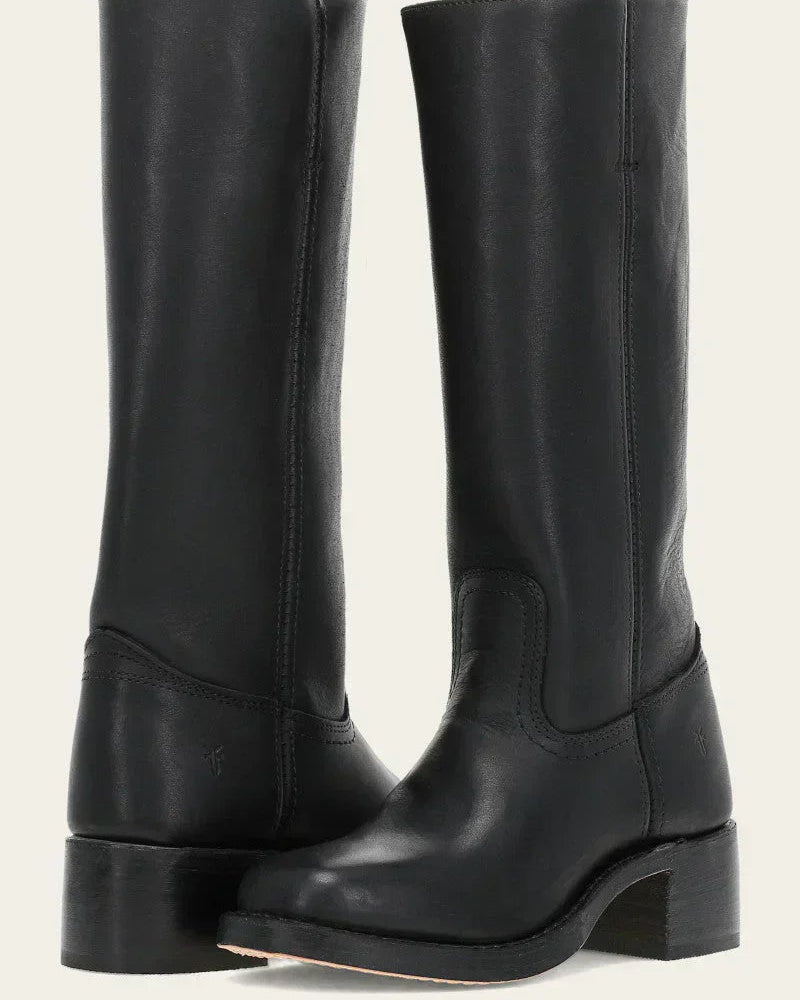 Light brown Emily Lumina Western mid-calf boots with stacked heel and classic Western style, perfect for casual and stylish wear.