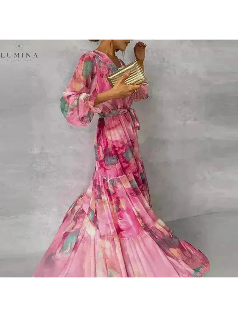 Emily elegant floral wedding guest dress by Lumina Vancouver, sleeveless with a flowy, patterned fabric perfect for special occasions.
