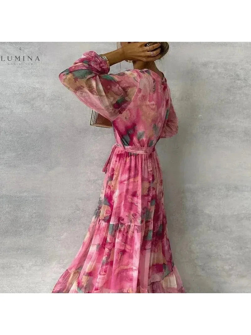 Elegant floral wedding guest dress by Lumina Vancouver, Emily style, featuring a fitted silhouette and delicate floral pattern.