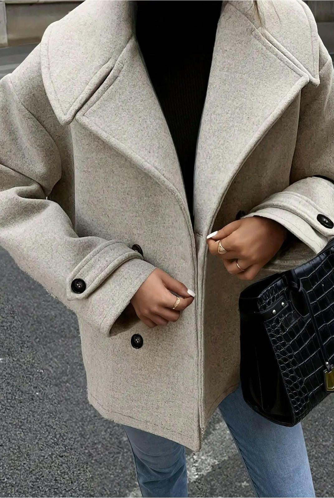 Emily double-breasted jacket with button details, taupe color, stylish women's outerwear by Lumina Vancouver.