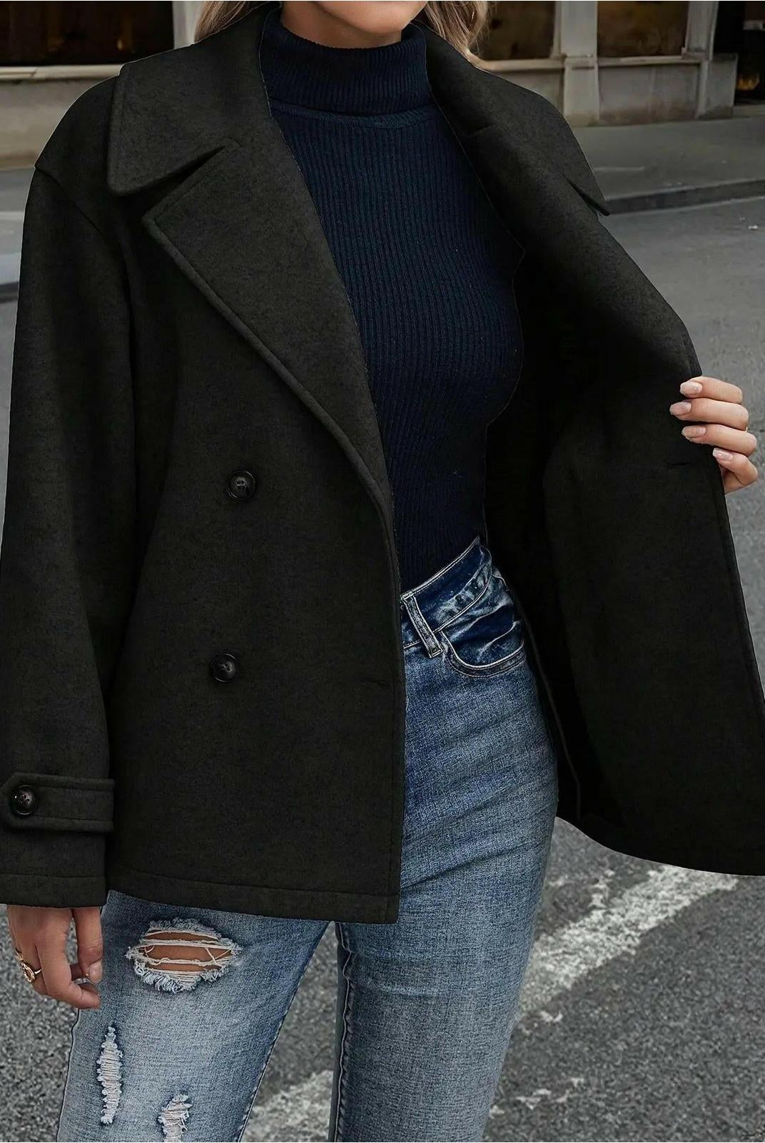 Emily double-breasted jacket by Lumina Vancouver in taupe with button details, stylish and tailored for a sophisticated look.