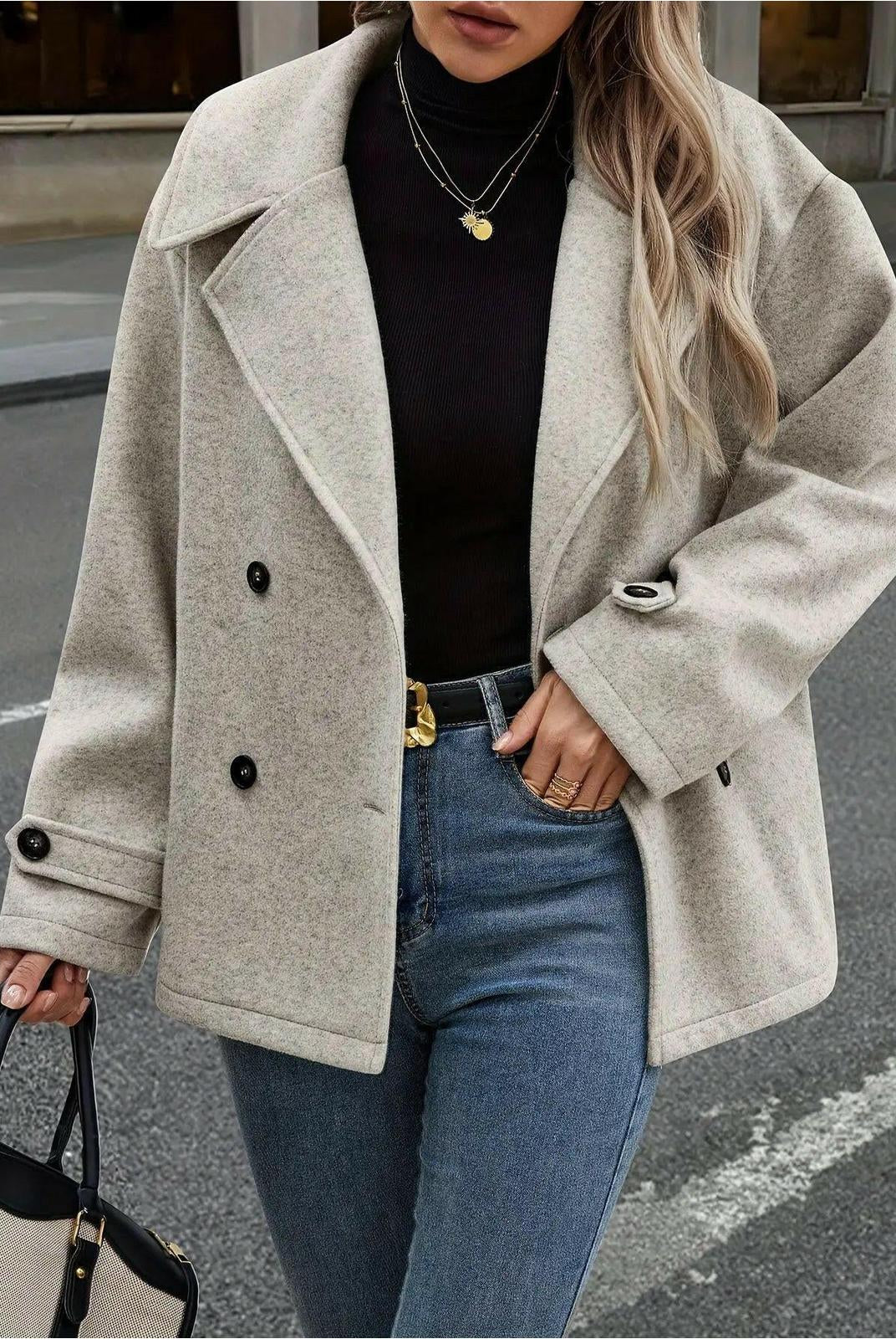 Taupe Emily double-breasted jacket with button details from Lumina Vancouver, stylish and tailored for a polished look.