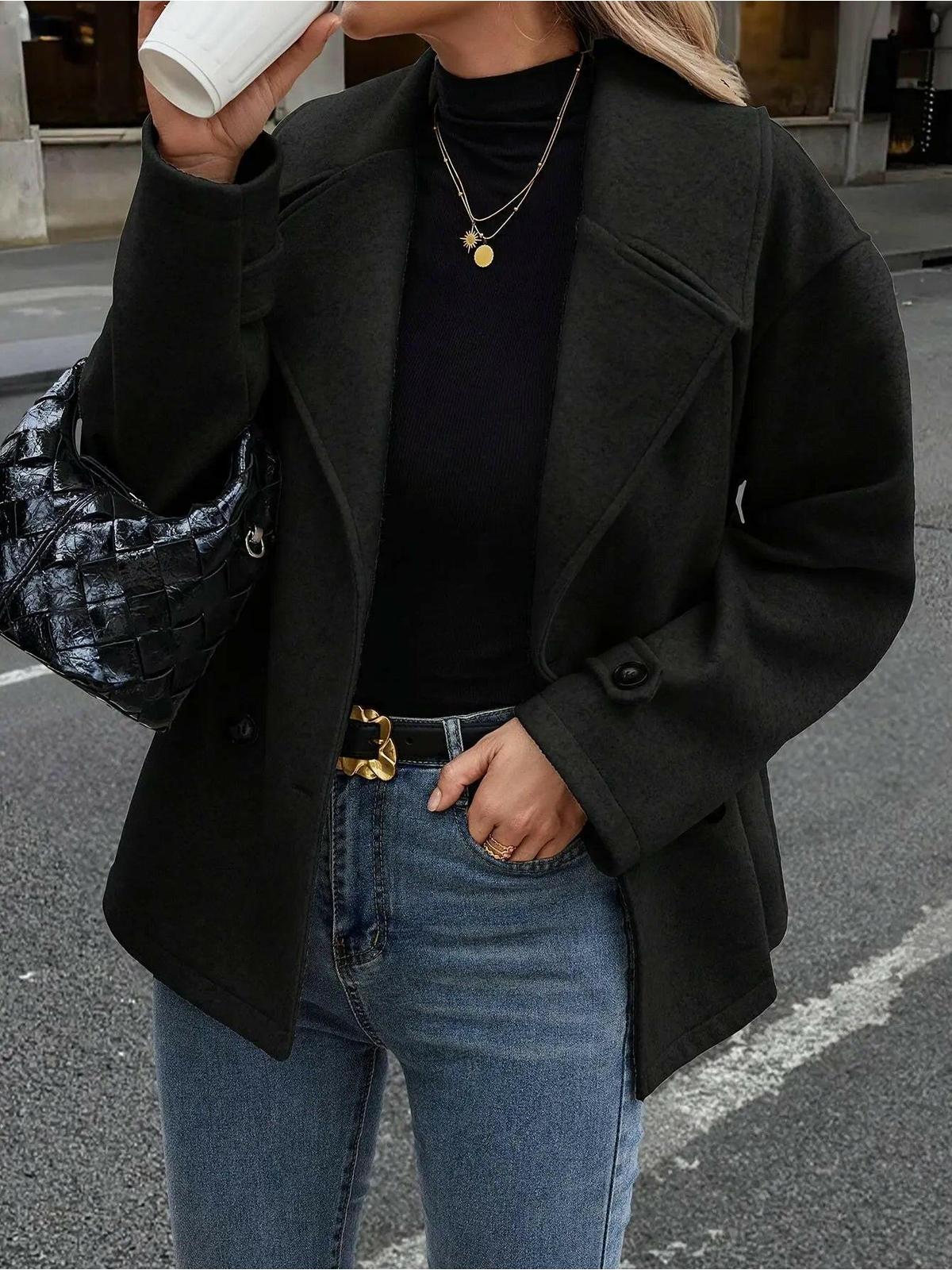 Lumina Vancouver Emily™ stylish double-breasted jacket with button details in taupe, showcasing a fashionable women's outerwear piece.