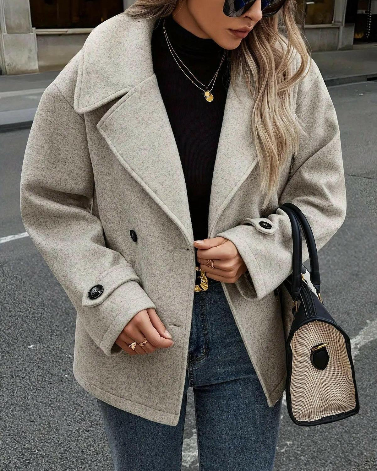 Taupe Emily double-breasted jacket by Lumina Wear featuring button details and tailored style, perfect for a chic layered look.