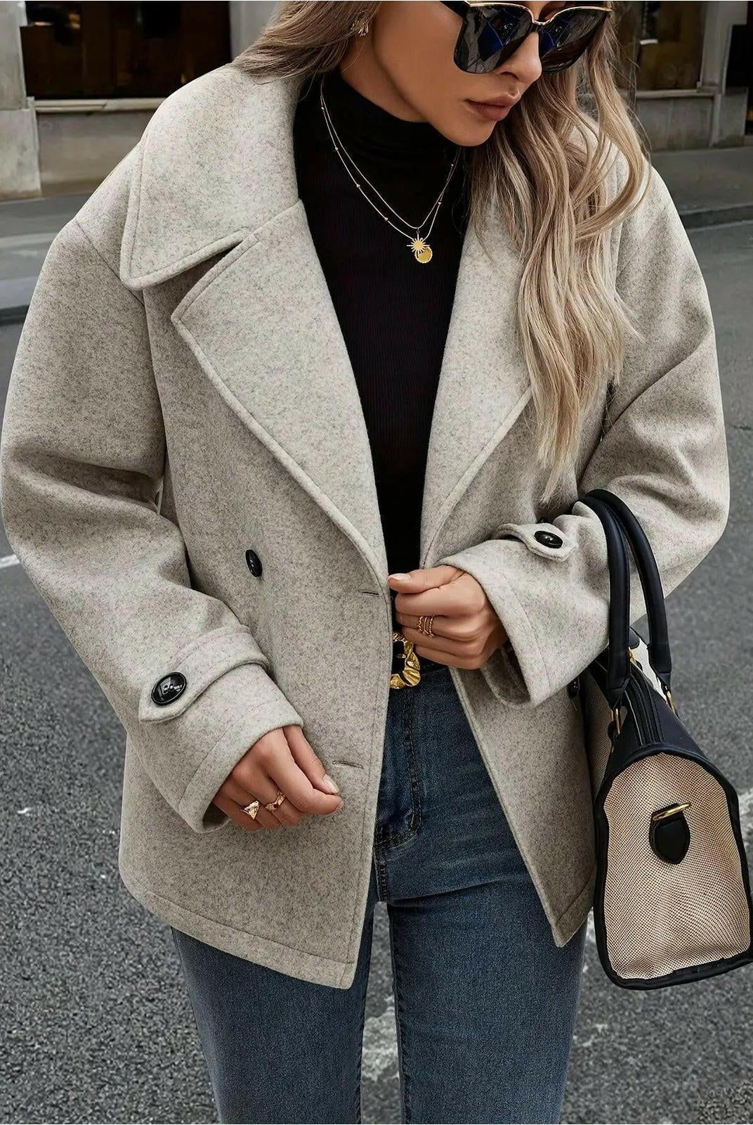 Lumina Vancouver Emily double-breasted taupe jacket with button details, stylish women's outerwear, front view.
