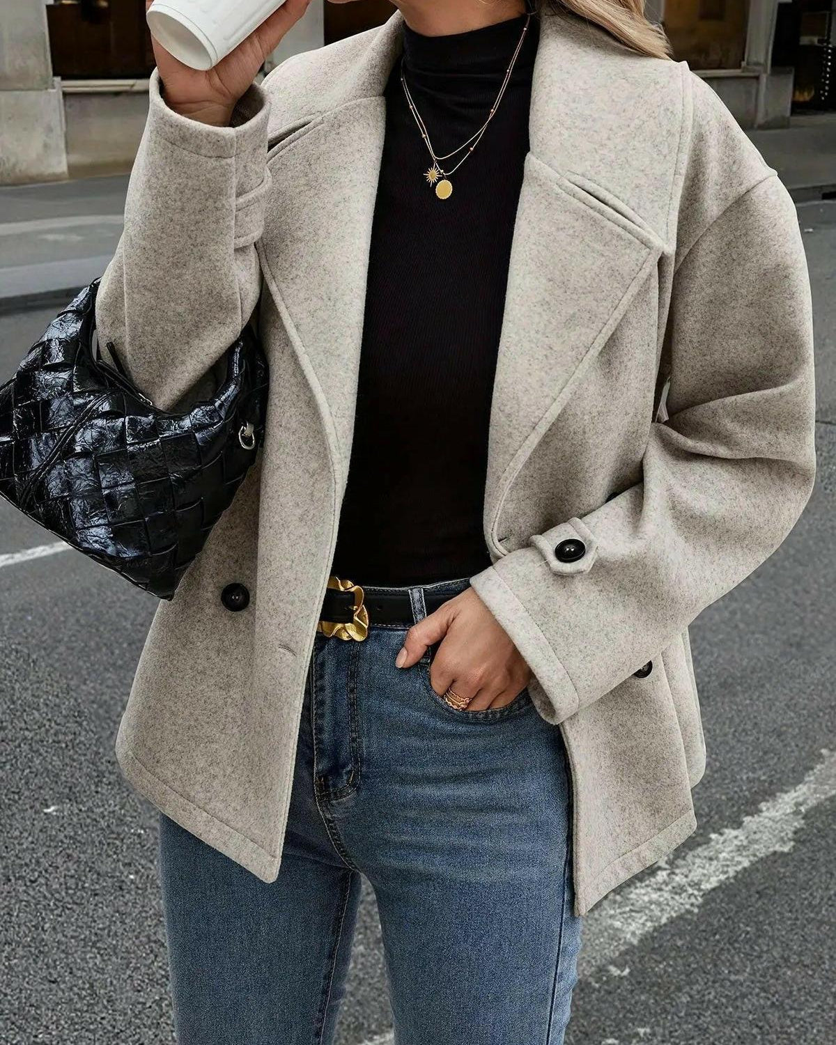 Lumina Wear Emily double-breasted jacket in taupe with button details, stylish outerwear for a modern, sophisticated look.