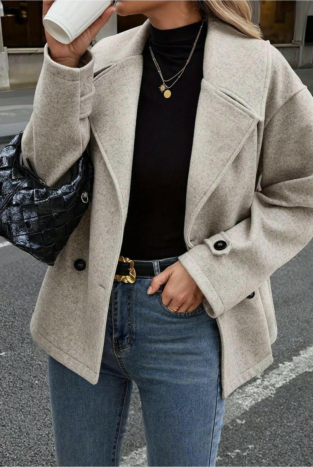 Emily double-breasted jacket by Lumina Vancouver with button details in taupe, stylish and versatile for modern fashion.