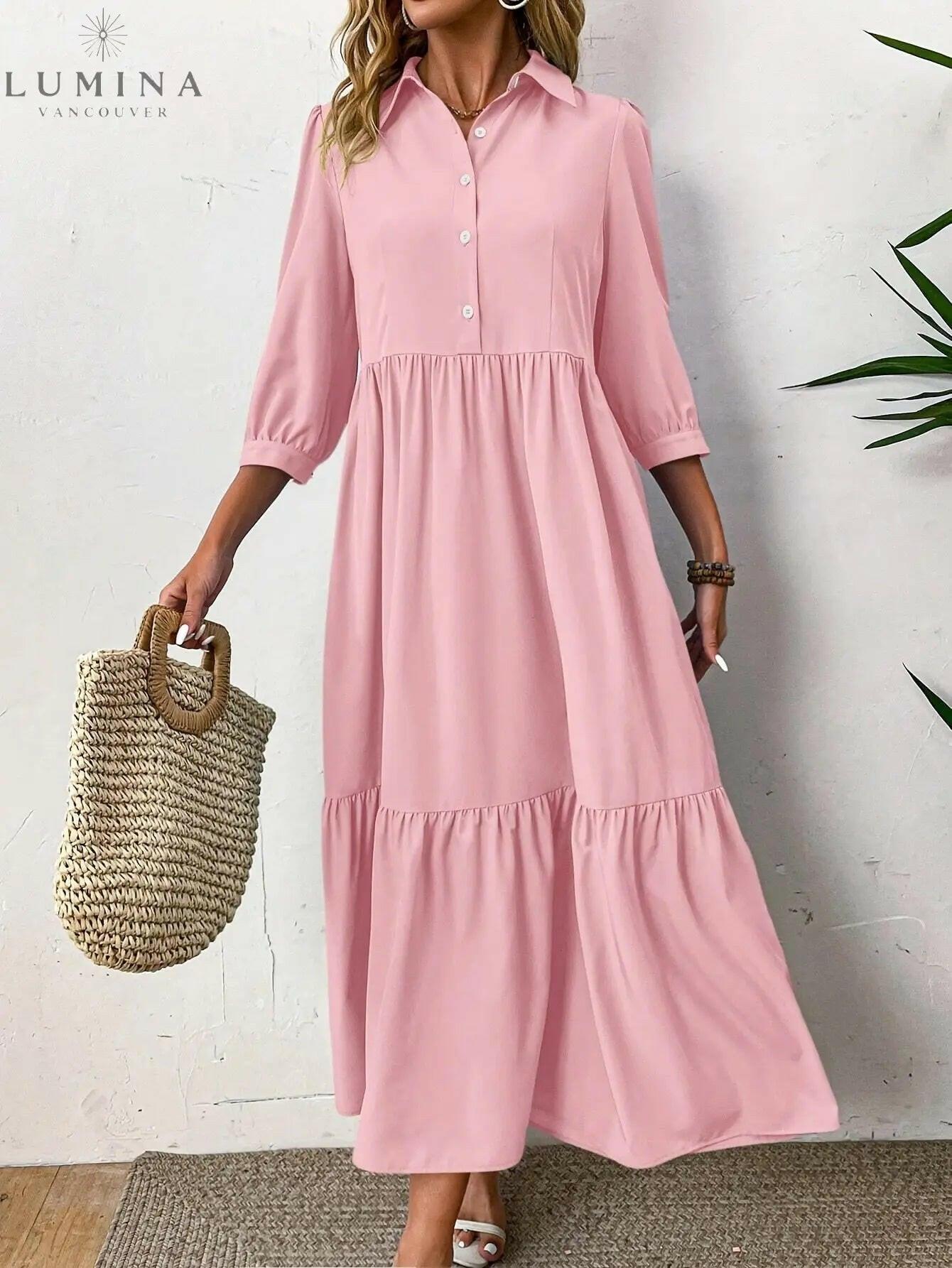 Pink Embla Button Dress by Lumina Vancouver displayed on a mannequin, showcasing a stylish, lightweight women's summer dress.