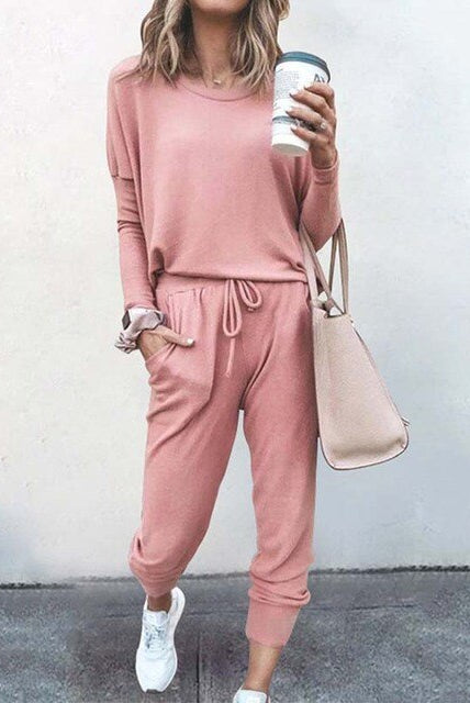 Pink Emma Lumina Wear women's lounge set with long sleeve top and joggers, cozy matching sleepwear for relaxed comfort.