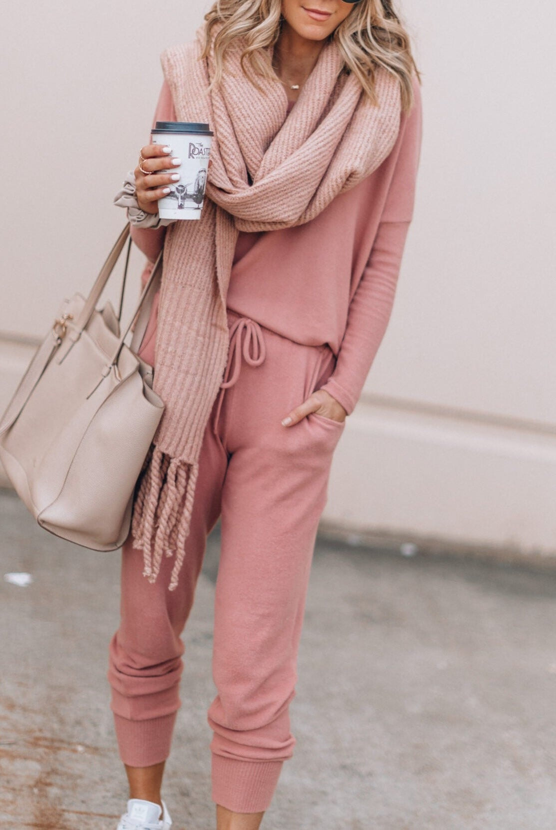 Pink Emma women's lounge set by Lumina Wear featuring a long sleeve top and matching joggers, perfect for cozy relaxation.