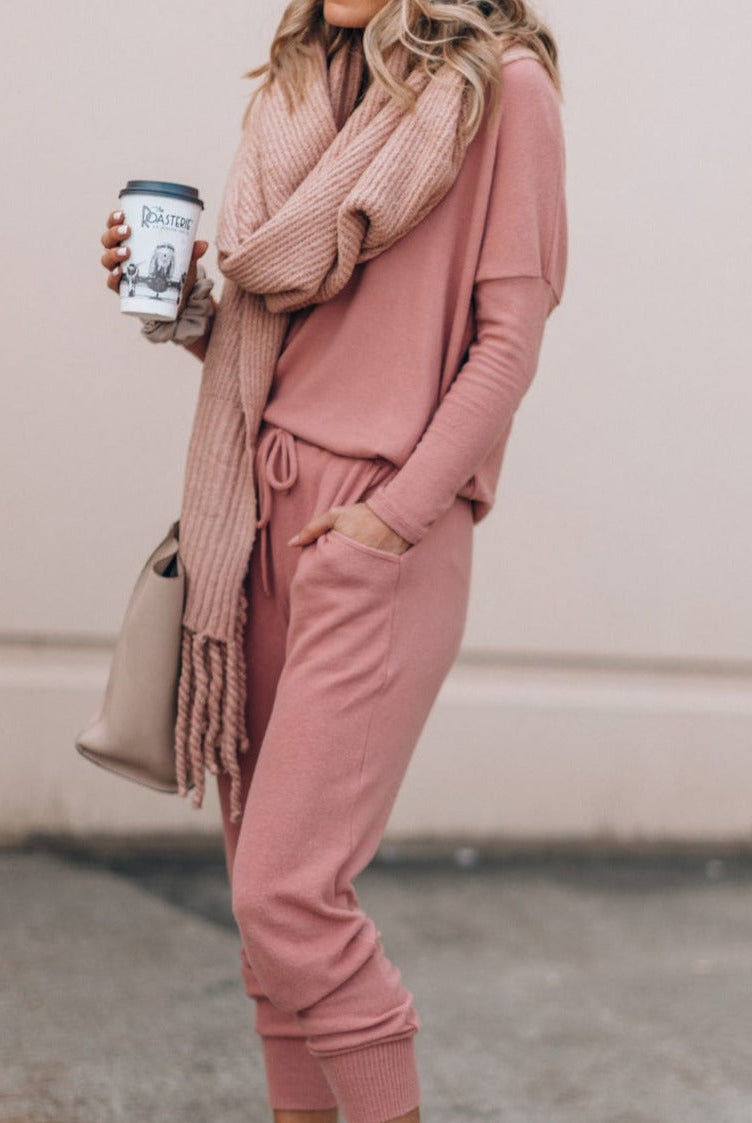 Pink Emma cozy matching lounge set with long sleeve top and joggers from Lumina Wear, perfect for comfortable women's loungewear.