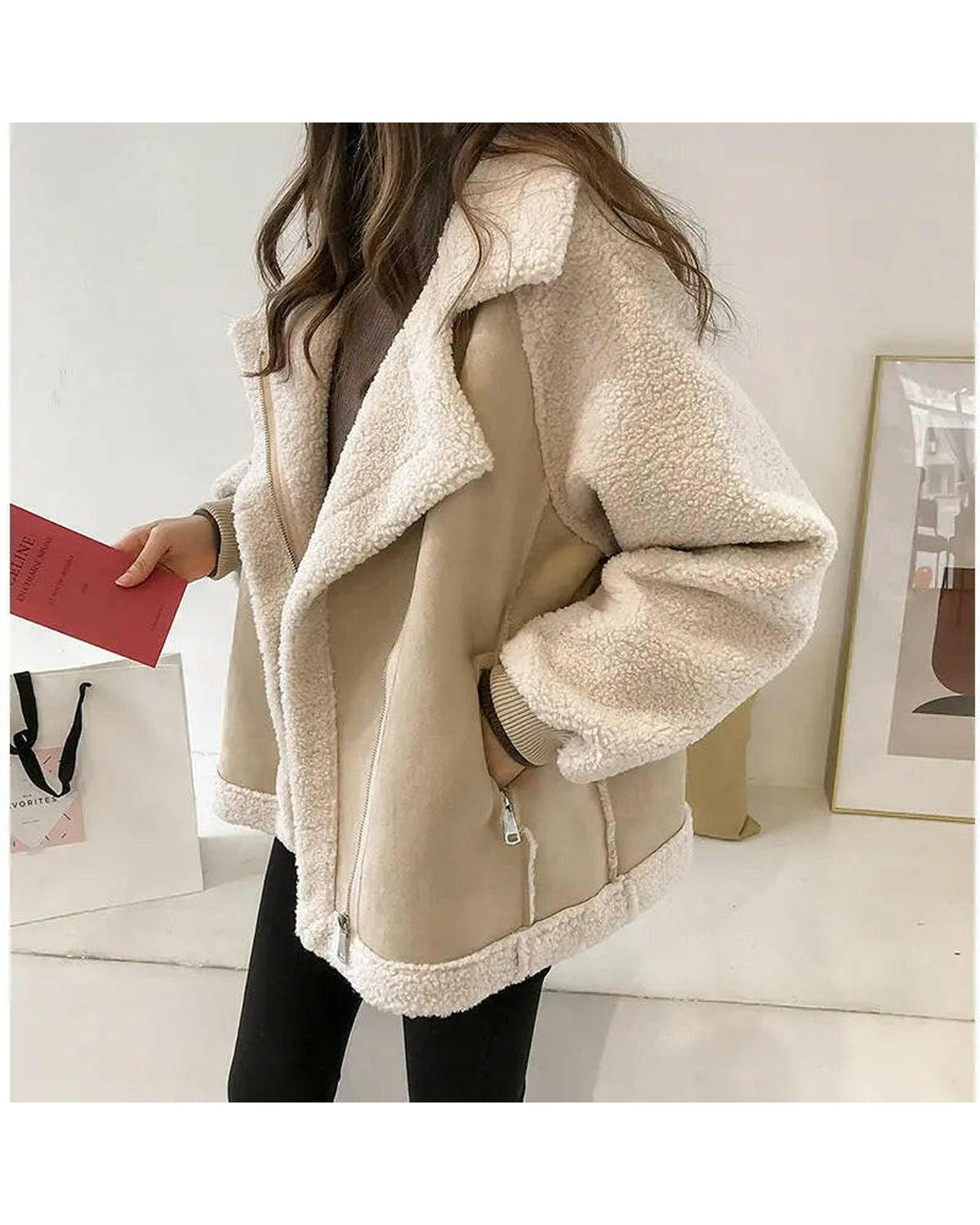 Beige Lumina Wear Erin stylish faux shearling zip-up jacket, front view showcasing cozy collar and zip details.