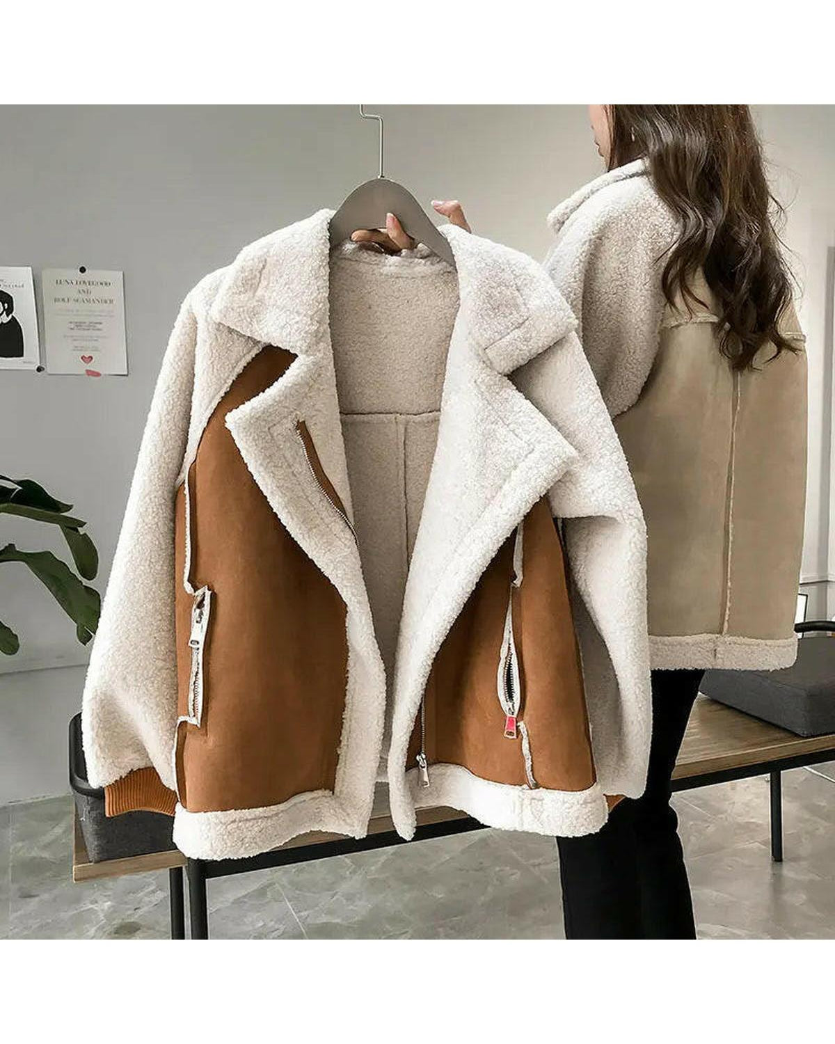 Beige Lumina Wear Erin faux shearling zip-up jacket with stylish design and cozy texture, suitable for casual wear.