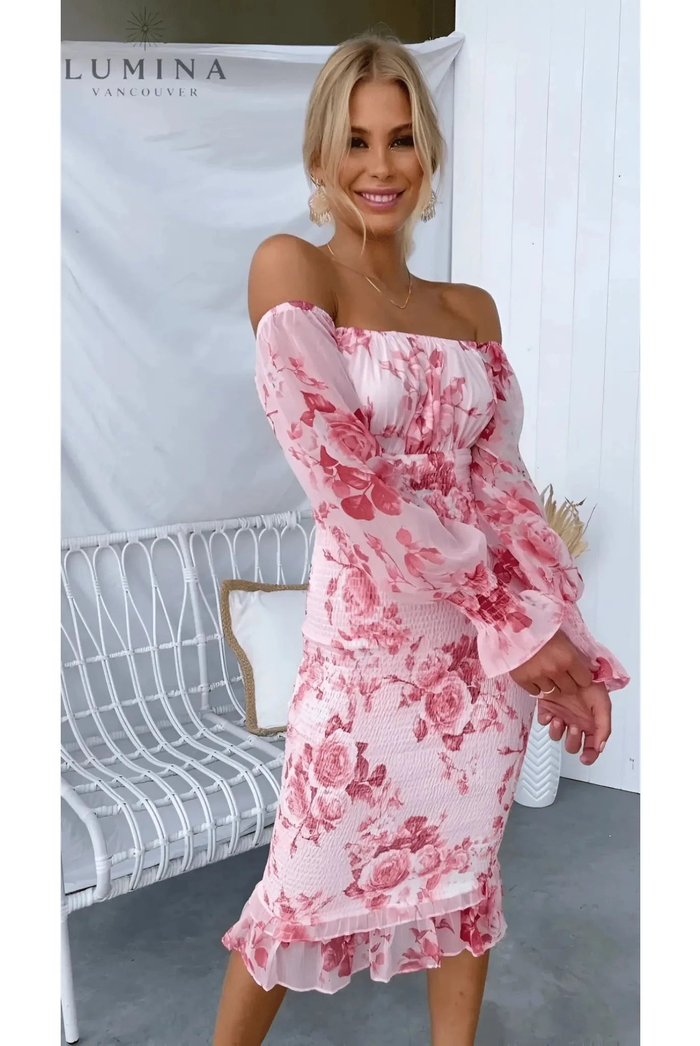 Pink Eugenie Blooming Elegance evening dress by Lumina Wear, featuring floral details, perfect for wedding guests.