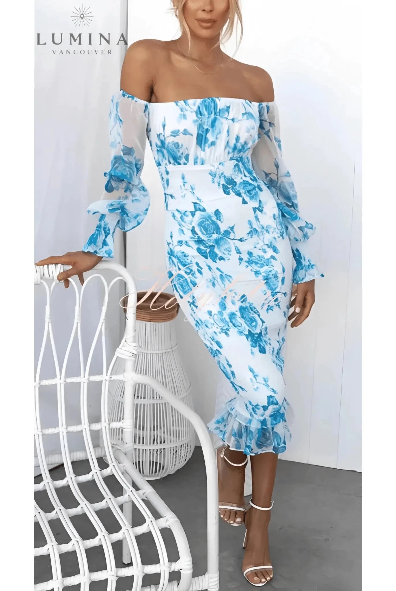Pink Eugenie Blooming Elegance evening dress by Lumina Wear, featuring floral details, perfect for wedding guests and formal events.