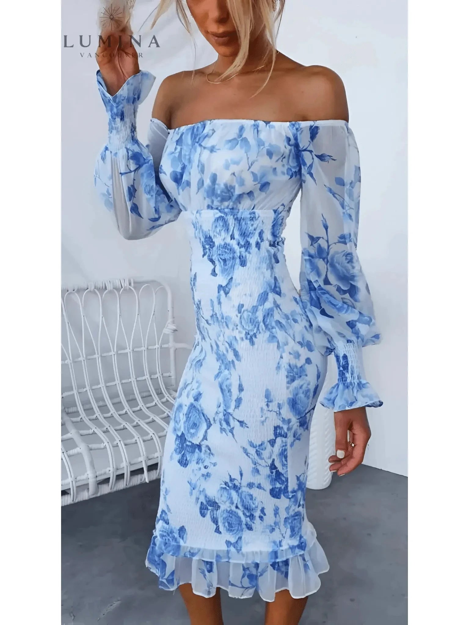 Pink Eugenie Blooming Elegance wedding guest dress by Lumina Vancouver, featuring floral design and elegant fit for special occasions.