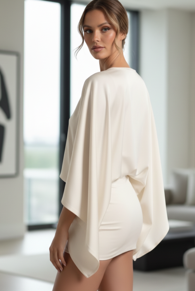 White Esme Draped Mini Dress by Lumina Vancouver, featuring a stylish, flowing design perfect for casual or semi-formal wear.
