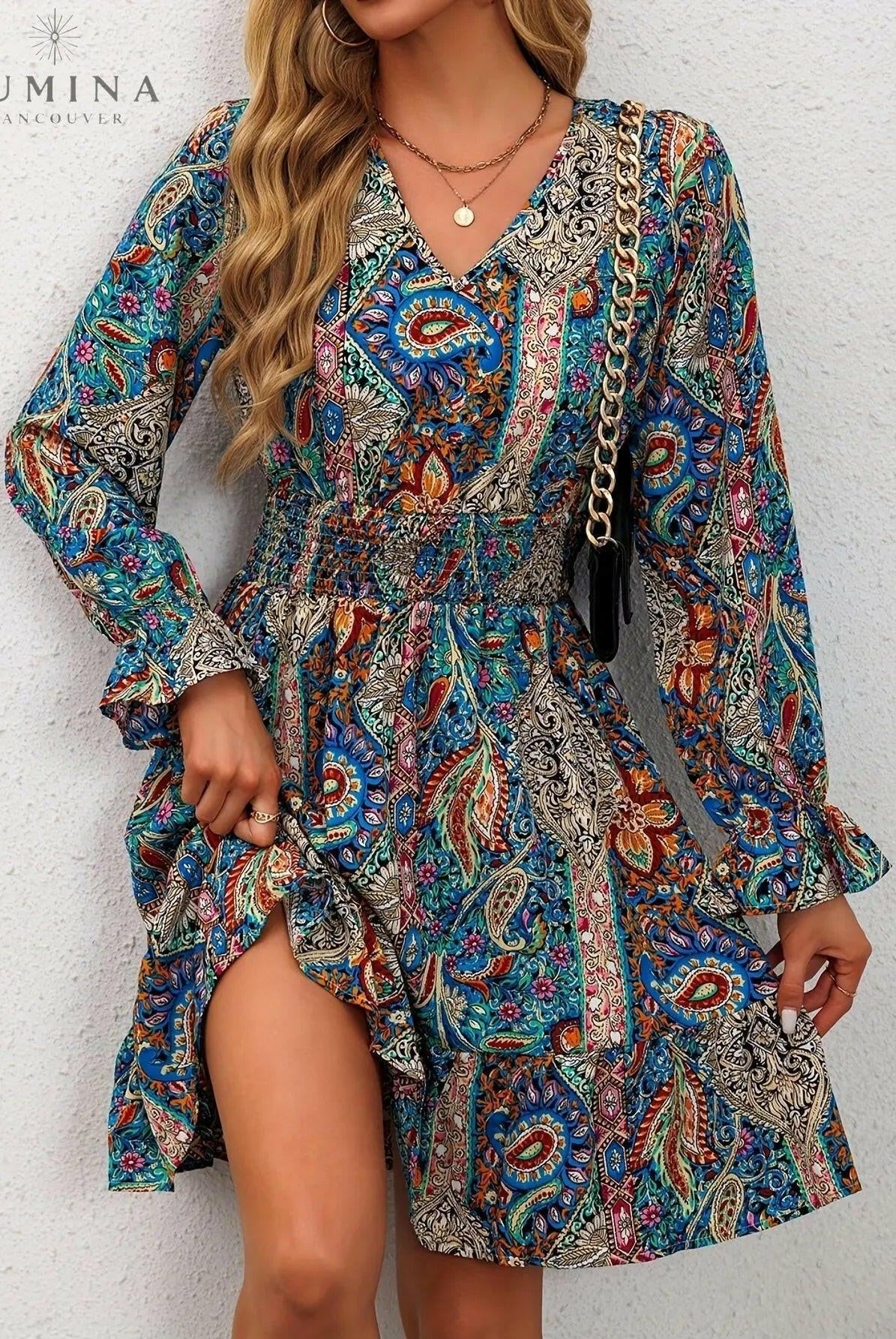Blue boho elegance dress by Lumina Wear, featuring flowing fabric and intricate details, perfect for Valentine’s Day celebrations.