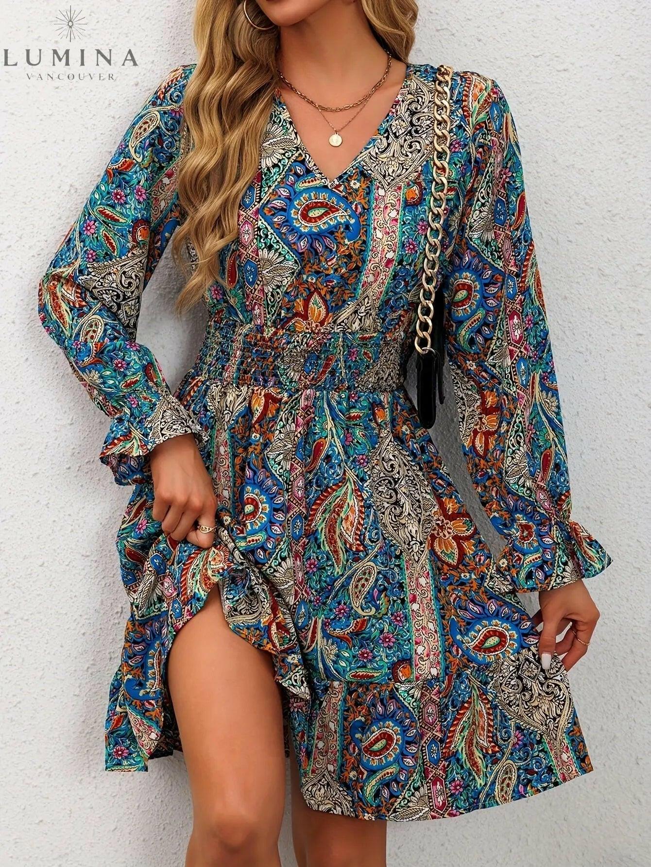 Blue Boho Elegance Dress by Lumina Vancouver featuring flowy fabric and intricate details, perfect for stylish occasions.