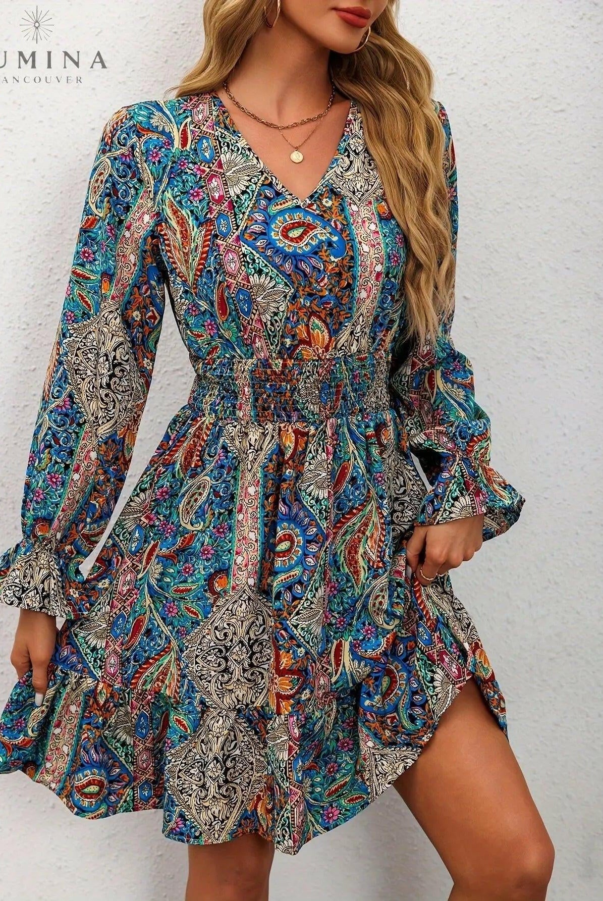 Blue Boho Elegance Dress by Lumina Wear featuring flowy fabric and intricate patterns, perfect for stylish occasions.