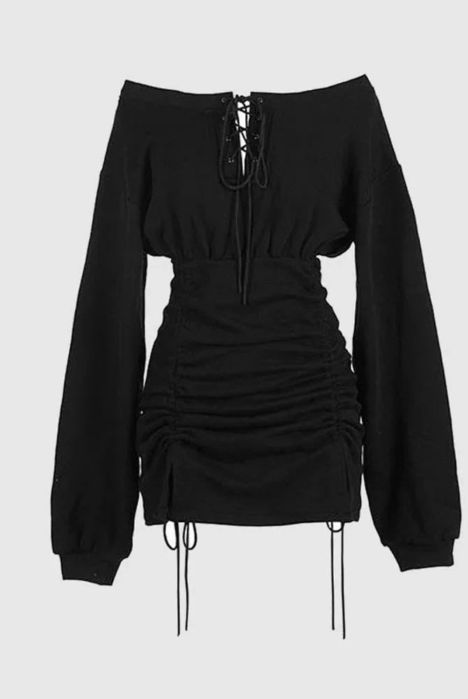 Black Wendeline off-shoulder mini dress by Lumina Wear, fitted design with long sleeves, displayed on a mannequin.