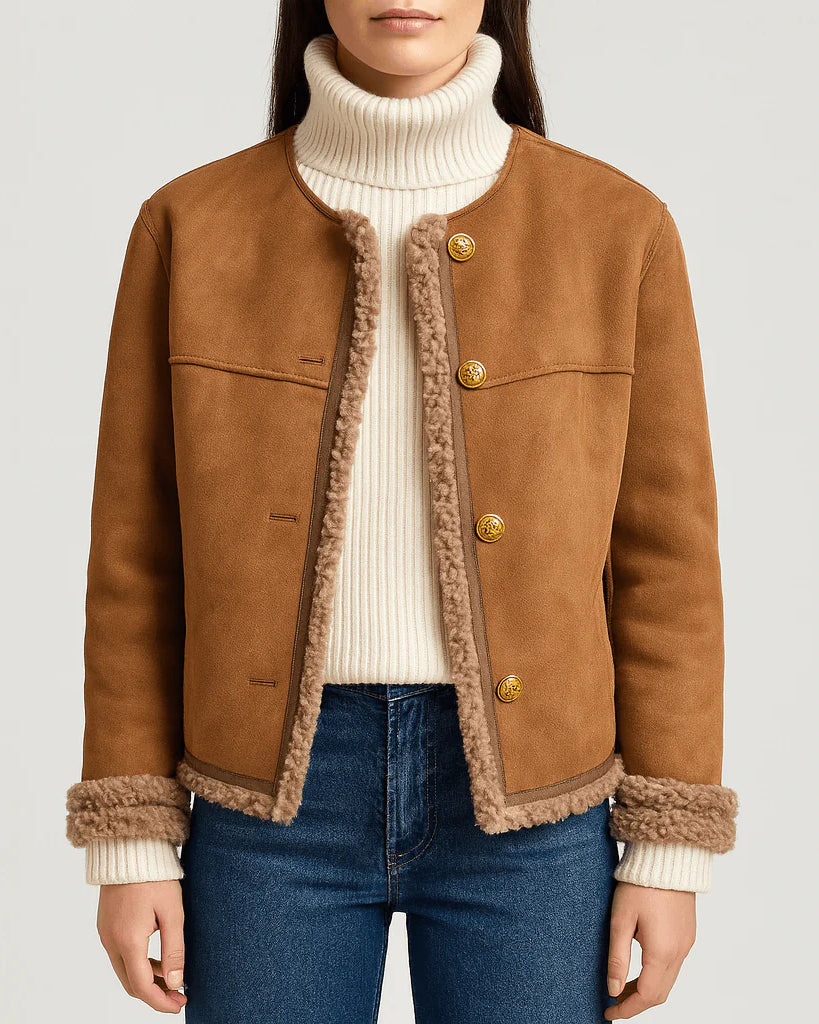 Brown Evelyn luxury autumn jacket by Lumina Wear, stylish outerwear with a cozy, sophisticated design for fall.
