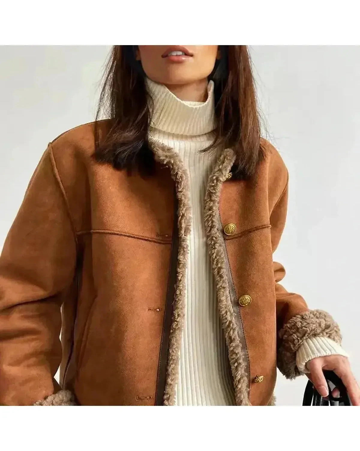 Brown Evelyn luxury autumn jacket by Lumina Wear, showing its stylish collar and cozy fabric, ideal for fall weather.