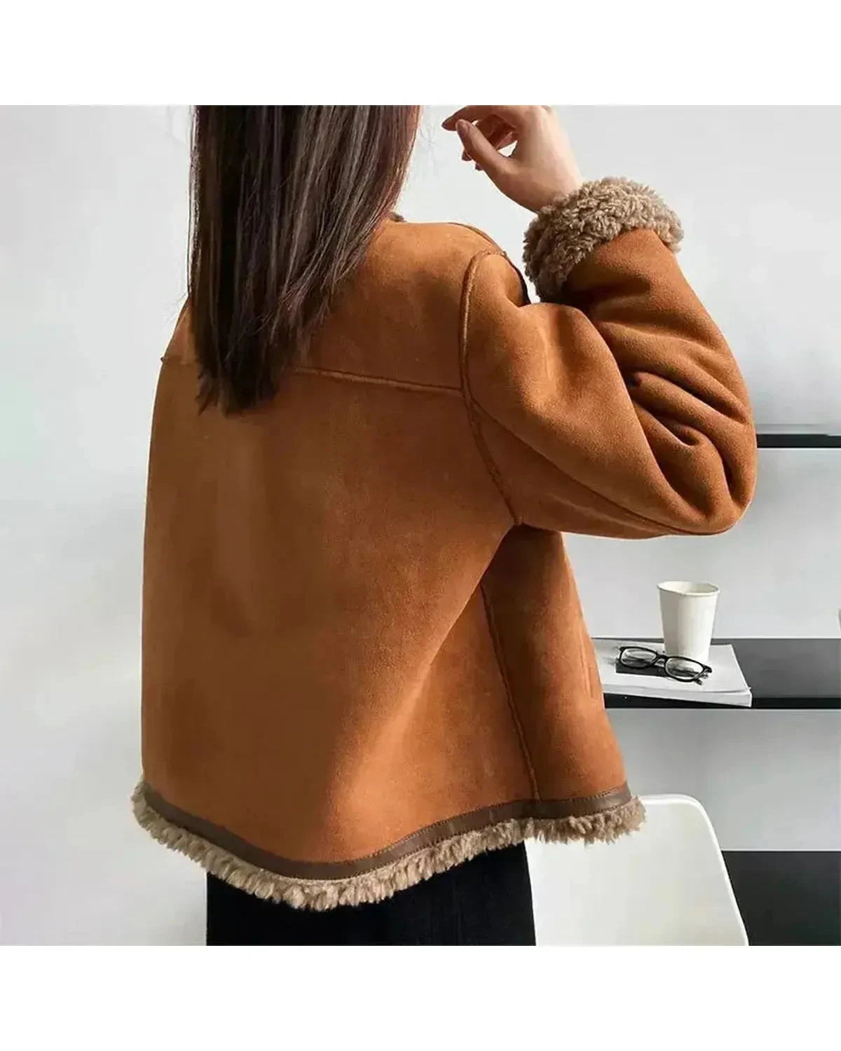 Brown Evelyn Luxurious Autumn Jacket by Lumina Wear, shown on a model, featuring a stylish, cozy design for fall weather.