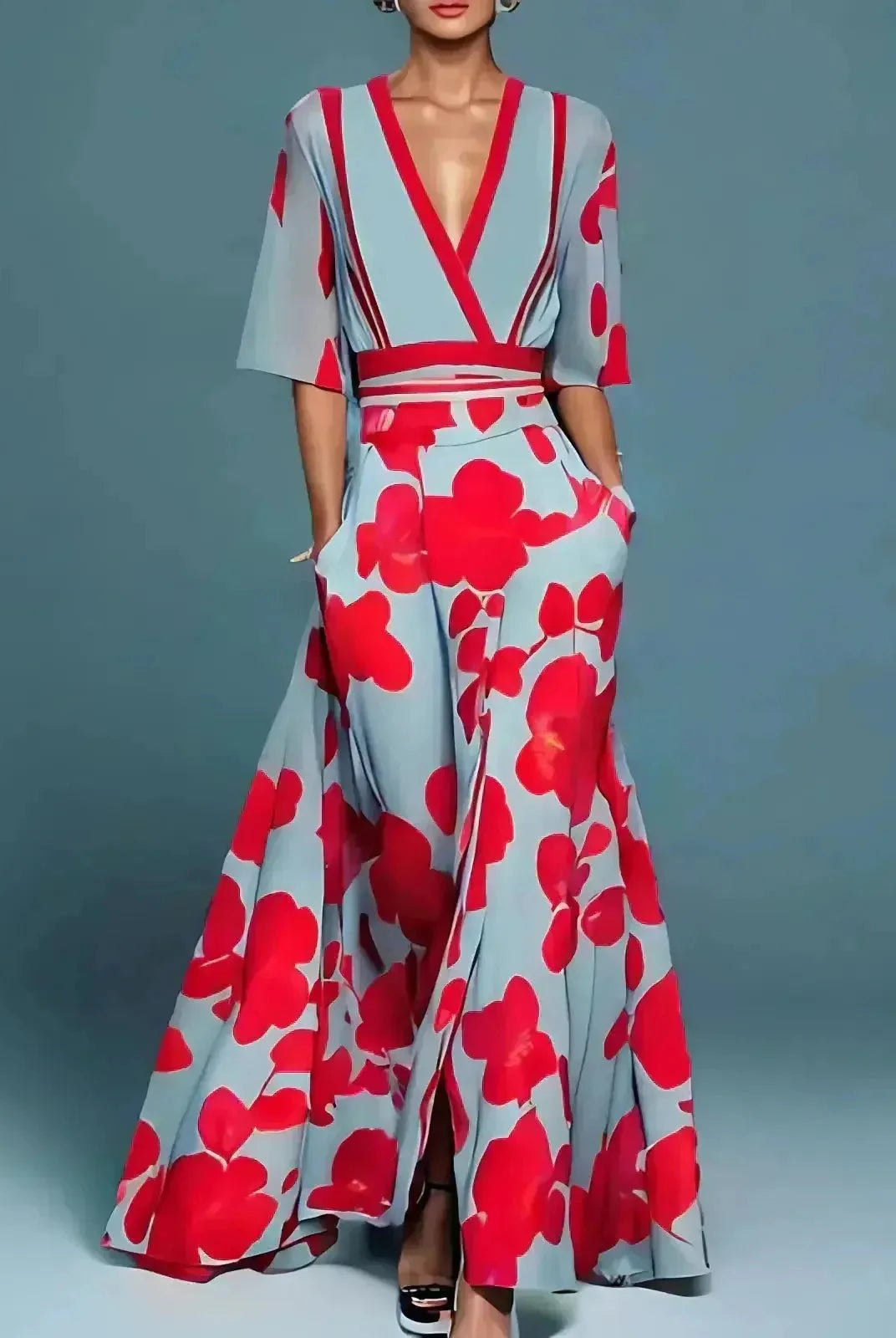 Red Evie elegant dress with floral pattern by Lumina Wear, featuring a stylish design and flowing fabric.